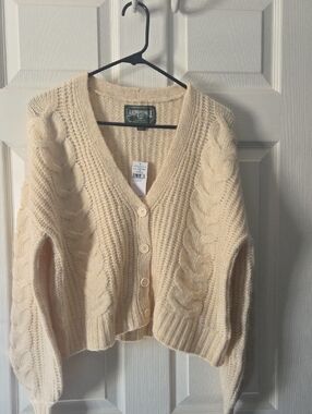 American Eagle Cream Cable-Knit V-Neck Button Cardigan